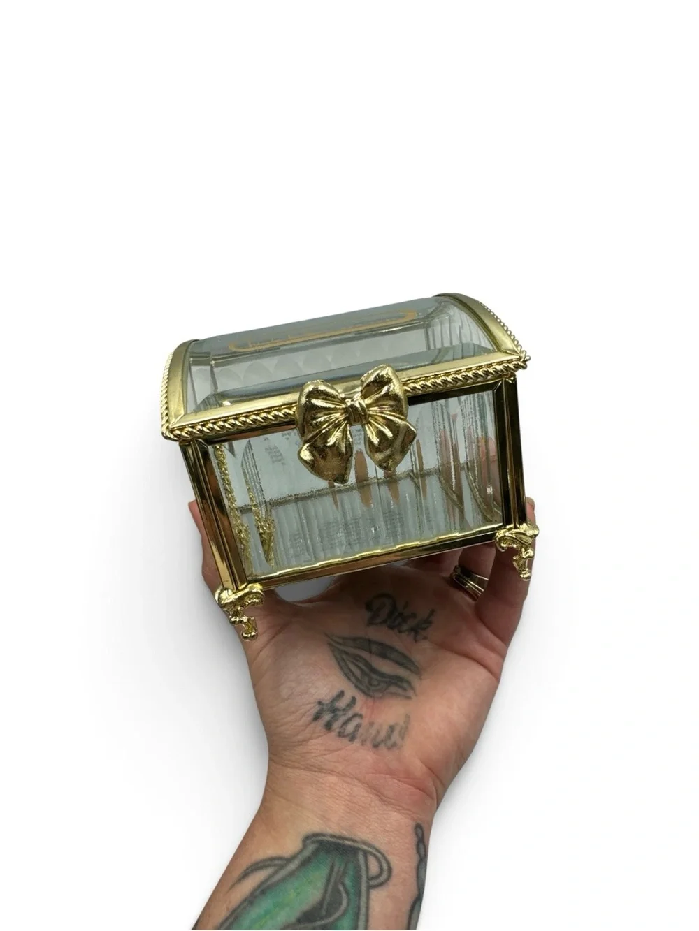 Nicole Miller New York Glass Gold Bow Jewelry Casket Trinket Box Coquette